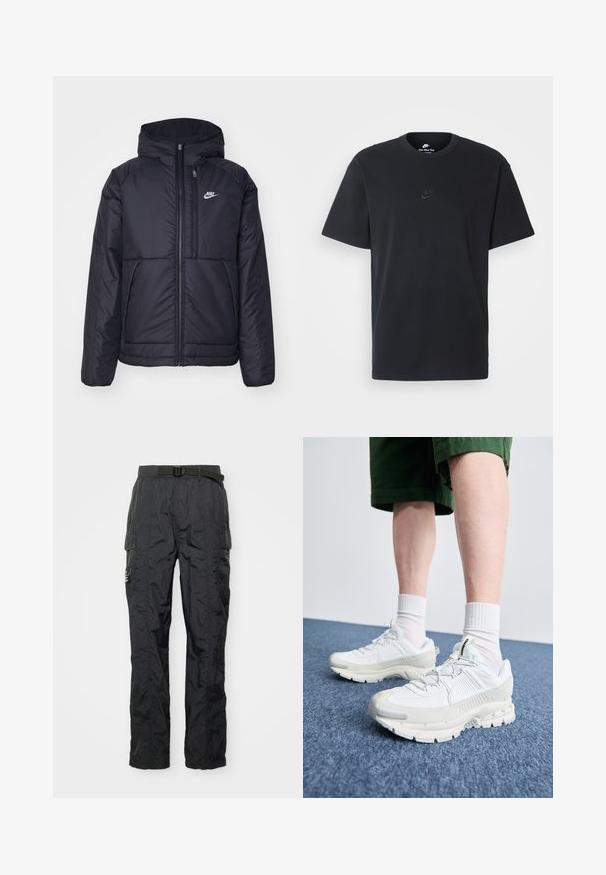 Zwarte, gewatteerde Nike-jas met een voorkant met ritssluiting en capuchon. Kenmerkt zich door een wit logo op de linkerborst en dubbele frontzakken. Gladde buitenkant.; Zwarte katoenen t-shirt van Nike met een klassieke ronde hals, korte mouwen en een subtiele, reliëflogo op de borst. Gladde textuur.; Zwarte cargobroek van een lichtgewicht, gemêleerd stof. Kenmerken zijn een riem, zijzakken en stikdetails. Normale pasvorm.; Witte sportieve schoenen met textuuroverlays, een dikke zool en grijze accenten. Draag ze met witte crew-sokken en groene shorts op een blauwe ondergrond.