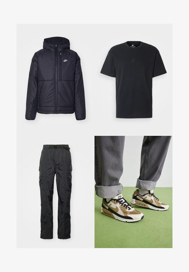 Črna, podložena Nike jakna z sprednjim zadrgo in kapuco. Ima bel logo na levem prsnem delu in dvojna sprednja žepa. Gladka zunanja tekstura.; Nike črna bombažna majica z klasičnim okroglim izrezom, kratkimi rokavi in subtilnim, vtisnjenim logotipom na prsih. Gladka tekstura.; Črne cargo hlače iz lahkega, strukturiranega blaga. Značilnosti vključujejo pas, stranske žepe in detajle šivanja. Redna slim fit kroj.; Nike Air Max 90 športni copati v bež in črni barvi, s kombinacijo mrežnih in usnjenih materialov, vidno blaženje in črne vezalke.