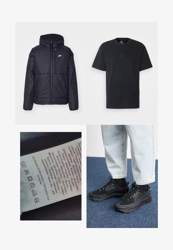 Black, padded Nike jacket with a front zipper and hood. Features a white logo on the left chest and dual front pockets. Smooth exterior texture.; Nike black cotton t-shirt with a classic crew neck, short sleeves, and a subtle, embossed logo on the chest. Smooth texture.; Label tag with multi-language text, care symbols, and recycling icons, printed on a soft fabric-like material in light color.; Black athletic shoes with textured fabric and rubber soles, featuring elastic laces and a blue accent on the heel. Worn with light denim pants.