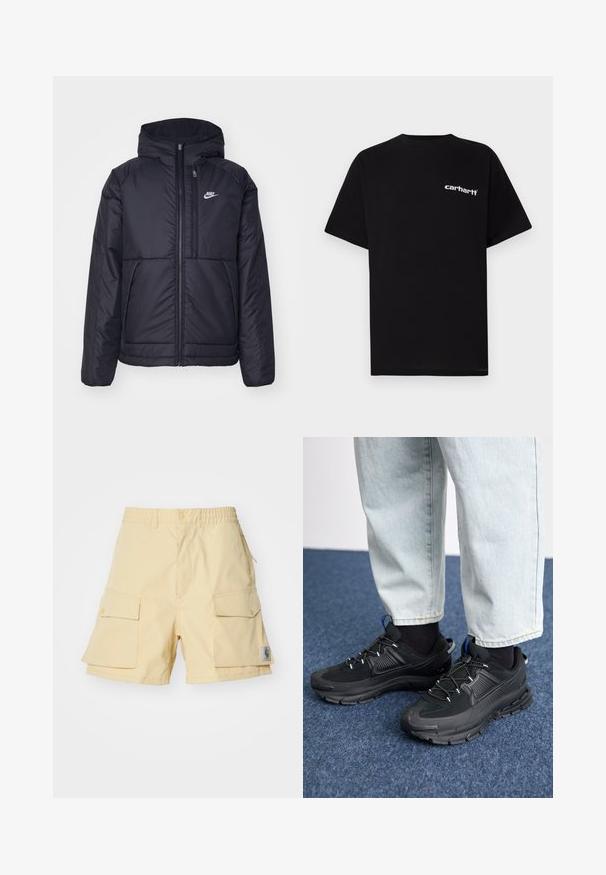 Sort, polstret Nike-jakke med frontlynlås og hætte. Har et hvidt logo på venstre bryst og to frontlommer. Glat ydre tekstur.; Sort bomulds-T-shirt med korte ærmer, rund halsudskæring og hvidt "Carhartt"-logo på venstre bryst. Glat tekstur, minimalistisk design.; Gule cargo shorts lavet af letvægtsstof, der har to store sidelommer, en elastisk talje og et lille logo-patch på siden.; Sorte træningssko med tekstureret stof og gummisåler, udstyret med elastiske snørebånd og en blå detalje på hælen. Bæres med lyse denimbukser.
