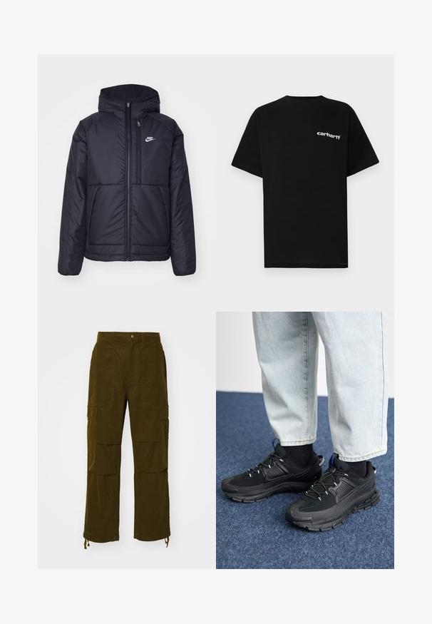 Svart, vadderad Nike-jacka med dragkedja framtill och huva. Har en vit logotyp på vänster bröst och dubbla framfickor. Slät yttextur.; Svart bomullst-shirt med korta ärmar, rund halsringning och vitt "Carhartt"-logotyp på vänster bröst. Slät textur, minimalistisk design.; Olivegrön corduroy cargobyxor med rak ben, flera framfickor och justerbara snöre vid fållen för anpassning.; Svarta sportskor med texturerat tyg och gummisulor, med elastiska snörningar och en blå detalj på hälen. Bärs med ljusa jeans.