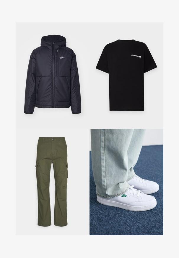 Casaco Nike preto, acolchoado, com fecho à frente e capuz. Apresenta um logo branco no lado esquerdo do peito e dois bolsos frontais. Textura exterior lisa.; T-shirt preta de algodão com mangas curtas, decote redondo e logótipo branco "Carhartt" no peito esquerdo. Textura suave, design minimalista.; Calças cargo em verde oliva escuro, com múltiplos bolsos laterais, um corte reto e um tecido durável com um acabamento texturizado.; Tênis de couro brancos com logo verde da Nike, bico redondo, sola plana, combinados com calças de denim azul claro, exibidos sobre um tapete azul.