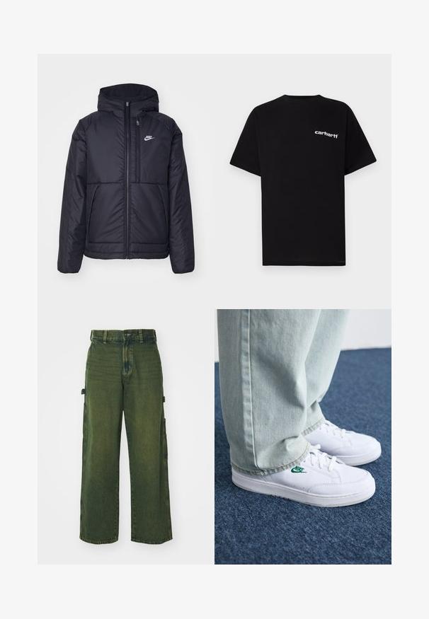 Svart, vadderad Nike-jacka med dragkedja framtill och huva. Har en vit logotyp på vänster bröst och dubbla framfickor. Slät yttextur.; Svart bomullst-shirt med korta ärmar, rund halsringning och vitt "Carhartt"-logotyp på vänster bröst. Slät textur, minimalistisk design.; Gröna denim cargo-byxor med vida ben, med sidofickor, blekt utseende och klassisk knapp- samt dragkedjestängning.; Vita lädersneakers med grön Nike-logga, rund tå, platt sula, kombinerade med ljusblå denimbyxor, visade på en blå matta.
