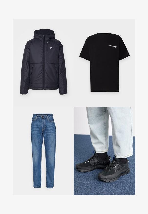 Crna Nike jakna s podstavom, dugmadi sprijeda i kapuljačom. Ima bijeli logotip na lijevoj strani prsnog koša i dva prednja džepa. Glatka vanjska tekstura.; Crna pamučna majica kratkih rukava, s okruglim izrezom i bijelim logotipom "Carhartt" na lijevoj strani prsa. Glatka tekstura, minimalistički dizajn.; Plave traperice s ravnim nogavicama, visokim strukom, prednjim džepovima i jednim dugmetom za zatvaranje. Srednji pranje s blagim izbljeđivanjem.; Crne atletske cipele s teksturiranom tkaninom i gumene potplate, s elastičnim vezicama i plavim akcentom na peti. Nosene su s svijetlim trapericama.