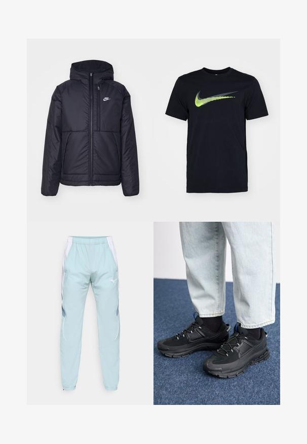 Schwarze, gepolsterte Nike-Jacke mit Frontreißverschluss und Kapuze. Hat ein weißes Logo auf der linken Brust und zwei Fronttaschen. Glattes äußeres Material.; Schwarzes T-Shirt mit kurzen Ärmeln aus Baumwolle, das auf der Vorderseite ein großes grünes und graues Nike-Logo zeigt, mit einem runden Halsausschnitt.; Helle blaue Jogginghose mit weißen Seitenstreifen, elastischem Bund und Reißverschluss am Saum. Hergestellt aus atmungsaktivem Material und mit einem Logo auf der Vorderseite.; Schwarze Sportschuhe aus strukturiertem Stoff mit Gummisohlen, ausgestattet mit elastischen Schnürsenkeln und einem blauen Akzent an der Ferse. Getragen mit hellen Jeans.