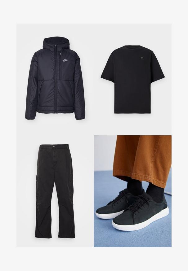 Svart, polstret Nike-jakke med frontglidelås og hette. Har en hvit logo på venstre bryst og doble frontlommer. Glatt ytterside.; Svart kortermet T-skjorte laget av bomull, med rund hals og en liten, brodert logo på brystet. Enkel, avslappet passform.; Svarte cargo-bukser med rette bein, med to sidelommer, knappelukking og et strukturert stoff.; Svarte semskede sneakers med hvite gummisåler, med snøring, teksturerte detaljer og subtil branding, sammen med brune bukser.