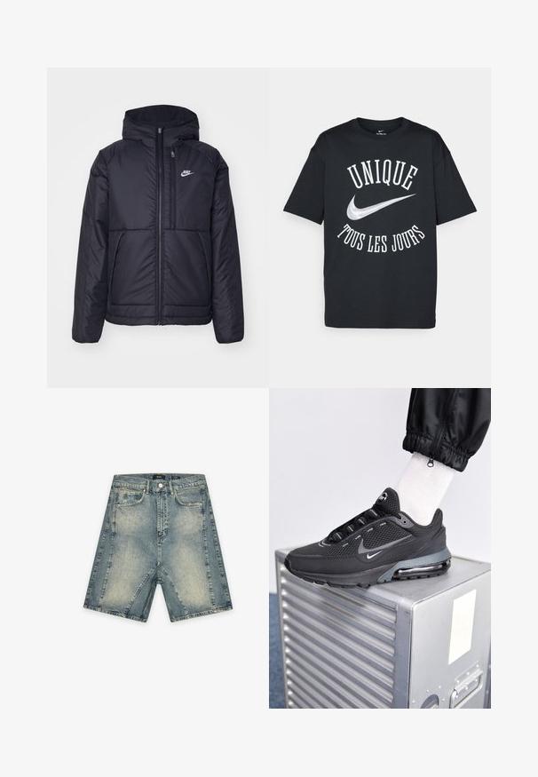 Czarna, pikowana kurtka Nike z przednim zamkiem błyskawicznym i kapturem. Posiada białe logo po lewej stronie klatki piersiowej oraz podwójne kieszenie z przodu. Gładka struktura zewnętrzna.; Czarny bawełniany T-shirt z białym napisem "UNIQUE TOUS LES JOURS" i srebrnym logo Nike. Klasyczny krój z okrągłym dekoltem i krótkimi rękawami.; EIGHTYFIVE - Szorty jeansowe; Nike Sportswear PULSE czarny