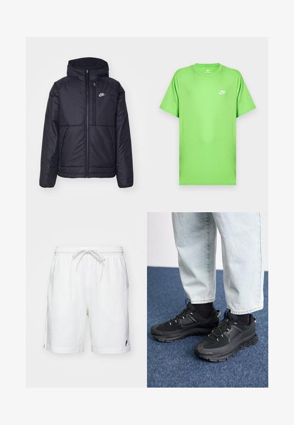 Črna, podložena Nike jakna z sprednjim zadrgo in kapuco. Ima bel logo na levem prsnem delu in dvojna sprednja žepa. Gladka zunanja tekstura.; Zelena bombažna majica s kratkimi rokavi, okrogel izrez in majhen bel Nike logo na levi strani prsnega koša. Gladek občutek, običajen kroj.; Beli bombažni kratki hlače z elastičnim pasom, vrvico in bočnimi razporki. Imajo majhen črn logotip na levem robu.; Črne športne čevlje z teksturirano tkanino in gumijastimi podplati, ki imajo elastične vezalke ter modre poudarke na peti. Nosi se z lahkimi denim hlačami.