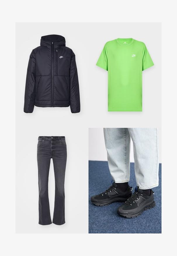 Schwarze, gepolsterte Nike-Jacke mit Frontreißverschluss und Kapuze. Hat ein weißes Logo auf der linken Brust und zwei Fronttaschen. Glattes äußeres Material.; Grünes Baumwoll-T-Shirt mit kurzen Ärmeln, Rundhalsausschnitt und kleinem weißem Nike-Logo auf der linken Brust. Glatte Textur, normale Passform.; Dunkelgraue, ausgestellte Jeans aus Denim mit einem klassischen Fünf-Pocket-Design, Gürtelschlaufen und einem verdeckten Reißverschluss mit Knopfverschluss.; Schwarze Sportschuhe aus strukturiertem Stoff mit Gummisohlen, ausgestattet mit elastischen Schnürsenkeln und einem blauen Akzent an der Ferse. Getragen mit hellen Jeans.