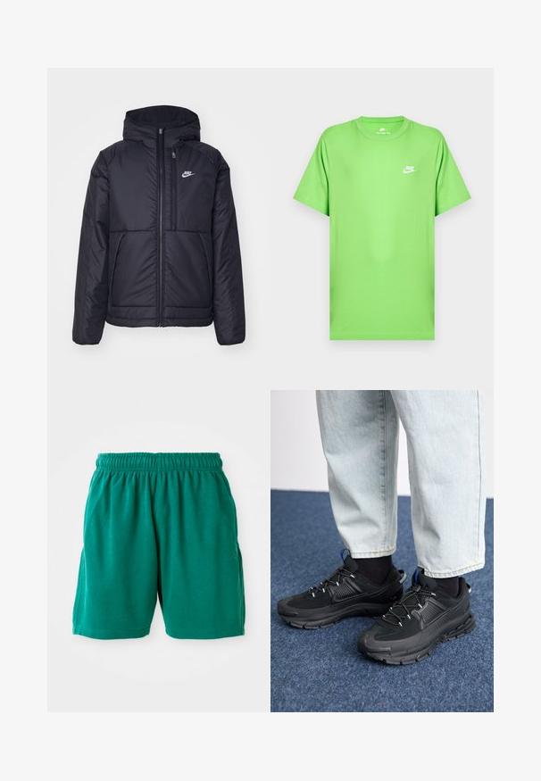 Juodas, paminkštintas Nike džemperis su priekyje užtrauktuku ir gobtuvu. Pasižymi balta logo kairėje krūtinės pusėje ir dviem priekinėmis kišenėmis. Su lygiu išoriniu paviršiumi.; Žalia medvilninė trumpomis rankovėmis marškinėliai su apvalia apykakle ir mažu baltu „Nike“ logotipu kairėje krūtinės pusėje. Lygus paviršius, įprastas modelis.; Žalios medvilninės šortai su elastinga juosta, šoninėmis kišenėmis ir siūlėmis. Lygus audinys, suteikiantis atsipalaidavusią, kasdienę išvaizdą.; Juodi sportiniai bateliai su tekstūruota medžiaga ir guminiais padais, su elastingomis raišteliais ir mėlynu akcentu ant kulno. Dėvimi su šviesiai mėlynomis džinsinėmis kelnėmis.