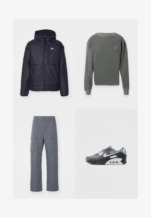 Black, padded Nike jacket with a front zipper and hood. Features a white logo on the left chest and dual front pockets. Smooth exterior texture.; Gray long-sleeve crewneck sweatshirt with ribbed texture, featuring a small square logo patch on the left chest and ribbed cuffs.; Gray cargo pants made of durable fabric. Features include an elastic waistband, two large side pockets, and a straight-leg cut.; Gray sneaker featuring a mix of mesh and suede materials, with a black sole and visible air unit. Notable light gray accents and laces.