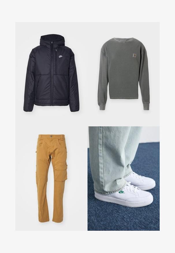 Black, padded Nike jacket with a front zipper and hood. Features a white logo on the left chest and dual front pockets. Smooth exterior texture.; Gray long-sleeve crewneck sweatshirt with ribbed texture, featuring a small square logo patch on the left chest and ribbed cuffs.; Cargo pants in a tan color, made of soft cotton, featuring multiple pockets, straight legs, and a button closure. Plain texture.; White leather sneakers with green Nike logo, round toe, flat sole, paired with light blue denim pants, shown on a blue carpet.