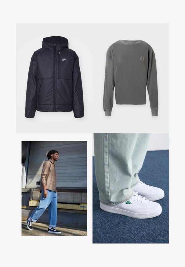 Juodas, paminkštintas Nike džemperis su priekyje užtrauktuku ir gobtuvu. Pasižymi balta logo kairėje krūtinės pusėje ir dviem priekinėmis kišenėmis. Su lygiu išoriniu paviršiumi.; Pilkos spalvos ilgos rankovės apvalaus kaklo džemperis su grioveliais, turintis mažą kvadratinį logotipo aplikaciją kairėje krūtinės pusėje ir grioveliais pagamintas rankogalius.; Rudas languotas marškiniai, šviesiai mėlyni laisvi džinsai ir juodi sportbačiai. Ypatybės apima sukurtas rankoves ir kontrastingus baltus akcentus ant batų.; Balti odiniai sportbačiai su žaliu Nike logotipu, apvalia nosimi, plokščiu padu, derinami su šviesiai mėlynomis džinsinėmis kelnėmis, rodomi ant mėlynos kiliminės dangos.