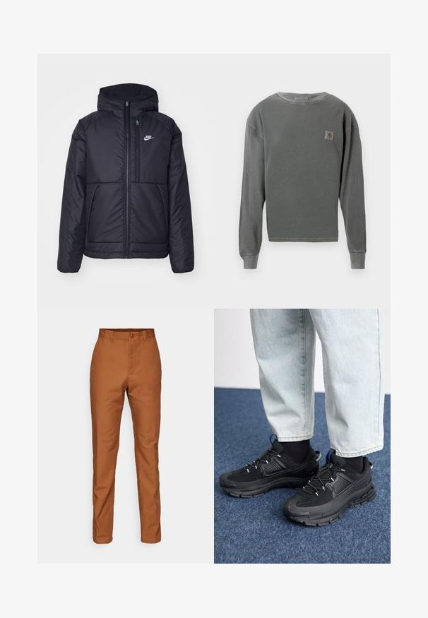 Casaco Nike preto, acolchoado, com fecho à frente e capuz. Apresenta um logo branco no lado esquerdo do peito e dois bolsos frontais. Textura exterior lisa.; Sweatshirt cinza de manga longa e gola redonda com textura canelada, apresentando um pequeno emblema em forma de quadrado no lado esquerdo do peito e punhos canelados.; Calças de algodão castanhas com um corte reto, apresentando fecho de botão e bolsos laterais. Textura suave com uma cor uniforme ao longo de toda a peça.; Sapatilhas desportivas pretas com tecido texturizado e solas em borracha, apresentando atacadores elásticos e um detalhe azul no calcanhar. Usadas com calças de ganga claras.