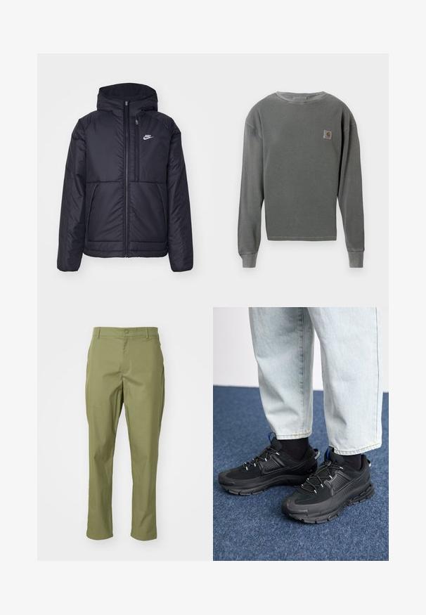 Zwarte, gewatteerde Nike-jas met een voorkant met ritssluiting en capuchon. Kenmerkt zich door een wit logo op de linkerborst en dubbele frontzakken. Gladde buitenkant.; Grijze langekatoenen sweatshirt met crewneck en ribbeltextuur, voorzien van een klein vierkant logopatch op de linkerborst en ribgebreide manchetten.; Olijfgroene broek met een rechte pasvorm, voorzien van een knoopsluiting en een op maat gemaakte uitstraling. Glad materiaal zonder zichtbare patronen.; Zwarte sportschoenen met gestructureerde stof en rubberen zolen, met elastische veters en een blauwe accent op de hiel. Draag samen met lichte spijkerbroeken.