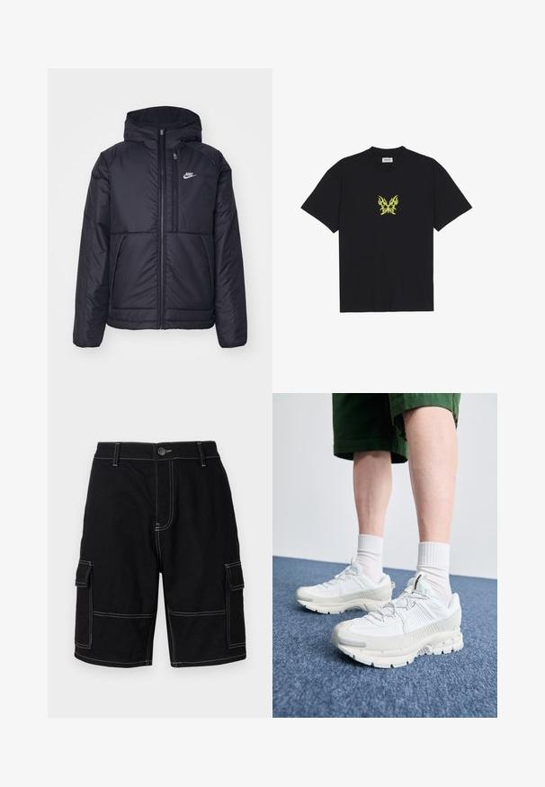 Casaco Nike preto, acolchoado, com fecho à frente e capuz. Apresenta um logo branco no lado esquerdo do peito e dois bolsos frontais. Textura exterior lisa.; T-shirt de algodão preto com um pequeno gráfico de borboleta em padrão de chama amarela no peito. Decote redondo, mangas curtas.; Calças cargo pretas com dois bolsos laterais, costura branca em contraste e fecho de botão na cintura. Feitas de um material de algodão durável.; Sapatos atléticos brancos com sobreposições texturizadas, sola espessa e detalhes em cinza. Usados com meias brancas até ao tornozelo e calções verdes sobre uma superfície azul.