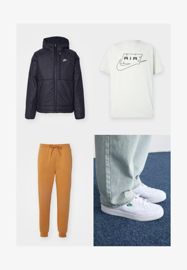 Μαύρο, επενδυμένο μπουφάν Nike με μπροστινό φερμουάρ και κουκούλα. Διαθέτει λευκό λογότυπο στο αριστερό στήθος και διπλές μπροστινές τσέπες. Λείο εξωτερικό υλικό.; Λευκό κοντομάνικο T-shirt με μαύρο λογότυπο Nike Air, που απεικονίζει τη λέξη «AIR» μέσα σε ένα στυλιζαρισμένο περίγραμμα πάνω από το κλασικό σχήμα Swoosh.; Πορτοκαλί παντελόνια τζόγκερ από μαλακό ύφασμα, με ελαστική μέση και κορδόνι, καθώς και ribbed μπατζάκια. Περιλαμβάνει μια μικρή λεπτομέρεια λογότυπου.; Λευκά δερμάτινα sneakers με πράσινο λογότυπο Nike, στρογγυλή μύτη, επίπεδη σόλα, συνδυασμένα με ανοιχτό μπλε τζην παντελόνι, τοποθετημένα σε μπλε χαλί.