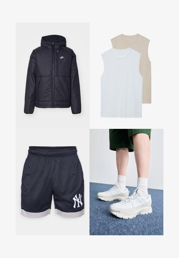 Musta, pehmustettu Nike-takki, jossa on etuvetoketju ja huppu. Vasemmassa rinnassa on valkoinen logo ja takissa on kaksinkertaiset etutaskut. Pintakoe on sileä.; Kaksi hihattomaa paitaa: yksi valkoinen, toinen vaaleanbeige. Molemmissa on pyöreät kaula-aukot ja ne on valmistettu pehmeästä, sileästä kankaasta, jossa on rento istuvuus.; Tummansininen verkkokangasurheilushortsit, joissa on joustava vyötärö, valkoiset sivuakkentit ja brodeerattu New York Yankees -logo vasemmassa reidessä.; Valkoiset urheilukengät, joissa on tekstuuriset päällysteet, paksu pohja ja harmaat yksityiskohdat. Yhdistetty valkoisiin putkisukkiin ja vihreisiin shortseihin sinisellä pinnalla.