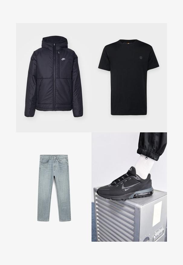 Zwarte, gewatteerde Nike-jas met een voorkant met ritssluiting en capuchon. Kenmerkt zich door een wit logo op de linkerborst en dubbele frontzakken. Gladde buitenkant.; Zwarte katoenen T-shirt met een ronde hals, korte mouwen en een klein, geborduurd logo op de borst. Gladde textuur, klassieke pasvorm.; Lichtblauwe denim jeans met een rechte pasvorm, vijf zakken en een zichtbare knoop- en ritssluiting. Zachte textuur met een lichte vervaging.; Nike Sportswear PULSE - Sneakers laag - black/anthracite