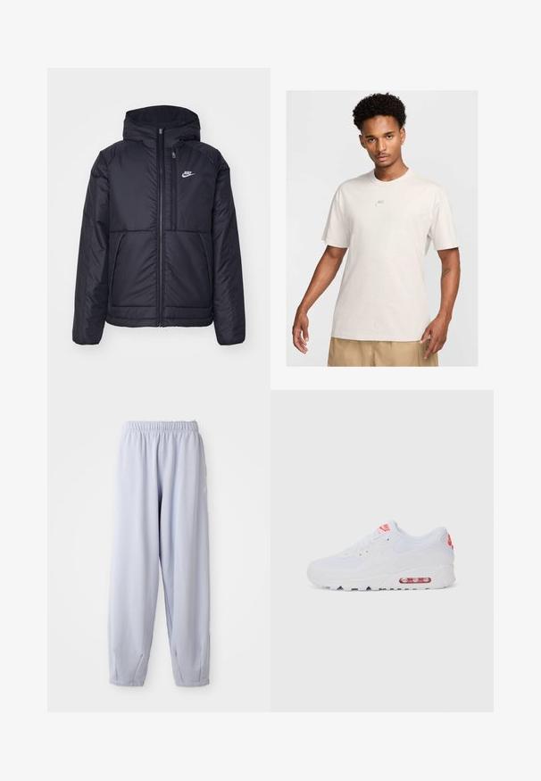 Black, padded Nike jacket with a front zipper and hood. Features a white logo on the left chest and dual front pockets. Smooth exterior texture.; Man with short curly hair wears beige Nike t-shirt and khaki shorts, facing forward against plain light background.; Light lavender joggers made of soft fabric with an elastic waistband and gathered ankles. Features subtle branding on the side.; White athletic sneaker featuring a smooth upper, lace closure, cushioned sole, and a visible air unit with red accents on the branding.