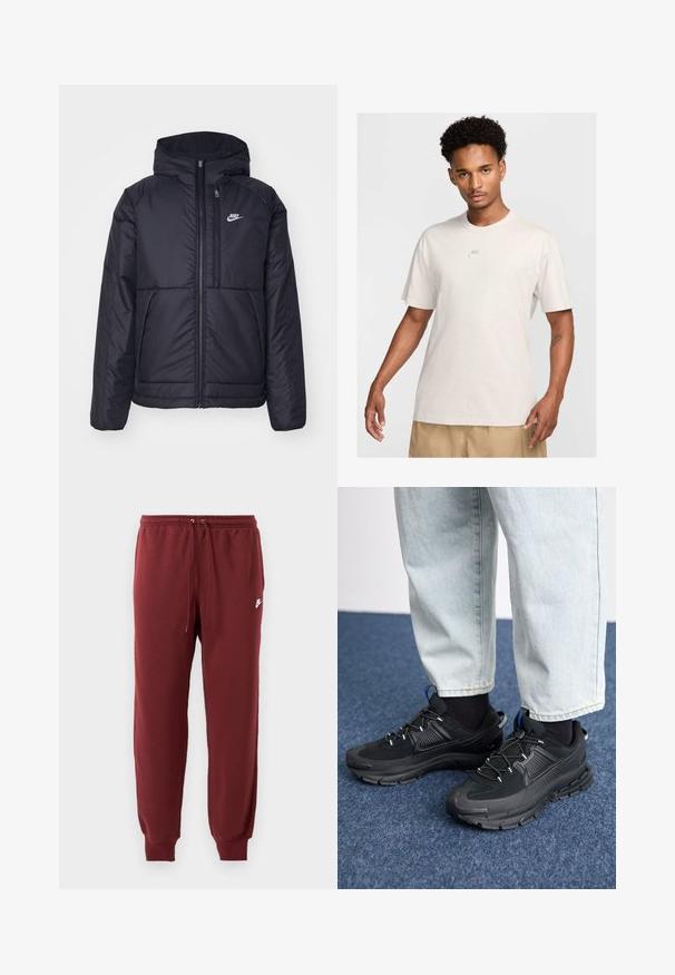 Črna, podložena Nike jakna z sprednjim zadrgo in kapuco. Ima bel logo na levem prsnem delu in dvojna sprednja žepa. Gladka zunanja tekstura.; Moški s kratkimi kodrastimi lasmi nosi bež Nike majico in khaki kratke hlače, obrnjeni naprej proti enostavni svetli ozadju.; Bordo trenirke iz mehkega materiala, z elastičnim pasom na vezalko in zoženimi manšetami, označene z majhnim belim logotipom.; Črne športne čevlje z teksturirano tkanino in gumijastimi podplati, ki imajo elastične vezalke ter modre poudarke na peti. Nosi se z lahkimi denim hlačami.