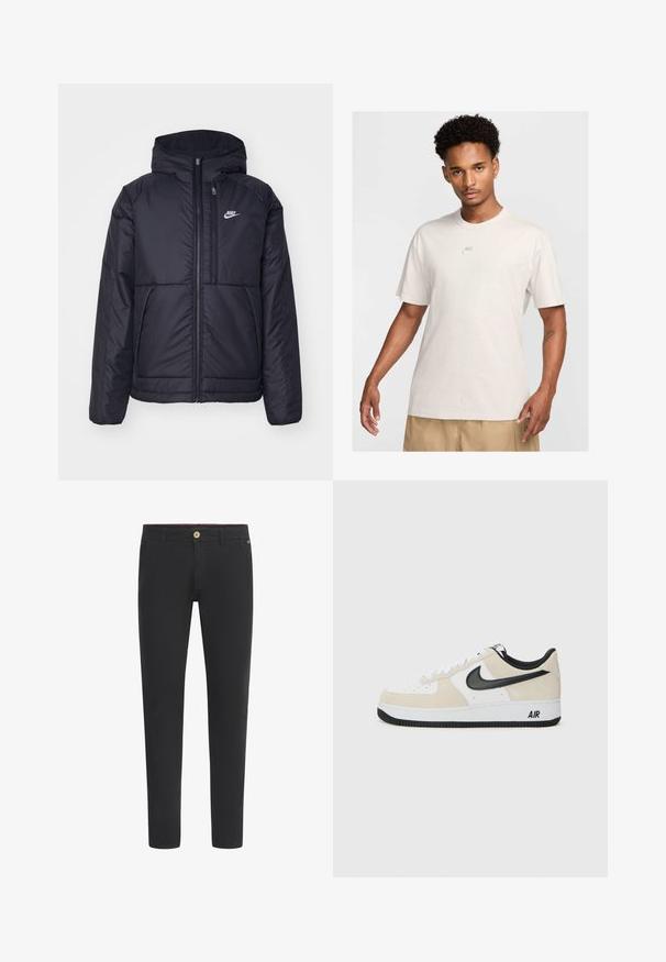 Black, padded Nike jacket with a front zipper and hood. Features a white logo on the left chest and dual front pockets. Smooth exterior texture.; Man with short curly hair wears beige Nike t-shirt and khaki shorts, facing forward against plain light background.; Black chinos made of cotton blend, featuring a slim fit design, button closure, belt loops, and side pockets. Smooth texture throughout.; Sneakers with a light beige suede and white leather upper, black Nike swoosh, black accents, and a white rubber sole featuring "AIR" branding.