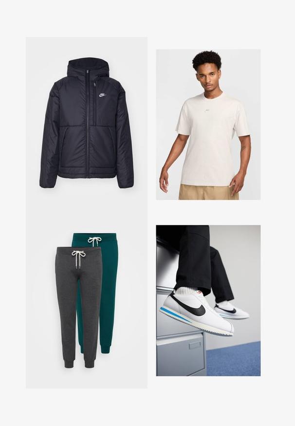 Sort, polstret Nike-jakke med frontlynlås og hætte. Har et hvidt logo på venstre bryst og to frontlommer. Glat ydre tekstur.; Mand med kort, krøllet hår iført en beige Nike t-shirt og khaki shorts, der står fremad mod en ensfarvet lys baggrund.; To sæt joggebukser i mørkegrå og teal, lavet af blødt stof, med elastiske manchetter og snoreliv med hvide snore.; Hvide lædersneakers med et sort Nike-swoosh, lys blå og grå gummisål samt klassisk snørebånd-design. Fødderne hviler på et arkivskab.