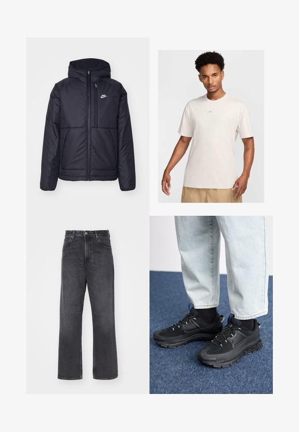 Sort, polstret Nike-jakke med frontlynlås og hætte. Har et hvidt logo på venstre bryst og to frontlommer. Glat ydre tekstur.; Mand med kort, krøllet hår iført en beige Nike t-shirt og khaki shorts, der står fremad mod en ensfarvet lys baggrund.; Højtsiddende sorte denimjeans med lige, brede ben. Har fem lommer, lukning med knap og lynlås samt diskret falming på stoffet.; Sorte træningssko med tekstureret stof og gummisåler, udstyret med elastiske snørebånd og en blå detalje på hælen. Bæres med lyse denimbukser.