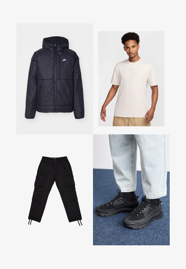 Crna Nike jakna s podstavom, dugmadi sprijeda i kapuljačom. Ima bijeli logotip na lijevoj strani prsnog koša i dva prednja džepa. Glatka vanjska tekstura.; Muž s kratkom kovrčavom kosom nosi bež Nike majicu i khaki kratke hlače, gleda prema naprijed na jednoličnoj svijetloj pozadini.; 2Y Studios KIRAN 4 POCKET - Cargo hlače - black; Crne atletske cipele s teksturiranom tkaninom i gumene potplate, s elastičnim vezicama i plavim akcentom na peti. Nosene su s svijetlim trapericama.