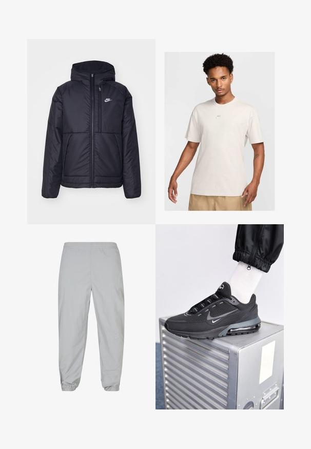 Chaqueta acolchada negra de Nike con cremallera frontal y capucha. Presenta un logo blanco en el lado izquierdo del pecho y dos bolsillos frontales. Textura exterior suave.; Hombre con pelo rizado corto lleva una camiseta beige de Nike y pantalones cortos caquis, mirando de frente contra un fondo claro.; Pantalones jogger de color gris claro hechos de una tela ligera. Cintura elástica y puños con cremalleras en los tobillos. Textura suave.; Nike Sportswear PULSE - Zapatillas - black/anthracite