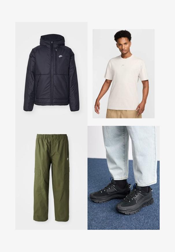 Črna, podložena Nike jakna z sprednjim zadrgo in kapuco. Ima bel logo na levem prsnem delu in dvojna sprednja žepa. Gladka zunanja tekstura.; Moški s kratkimi kodrastimi lasmi nosi bež Nike majico in khaki kratke hlače, obrnjeni naprej proti enostavni svetli ozadju.; Nike cargo hlače v temno olivno zeleni barvi, z elastičnim pasom, dvema stranskima žepoma in gladkim, lahkim materialom.; Črne športne čevlje z teksturirano tkanino in gumijastimi podplati, ki imajo elastične vezalke ter modre poudarke na peti. Nosi se z lahkimi denim hlačami.