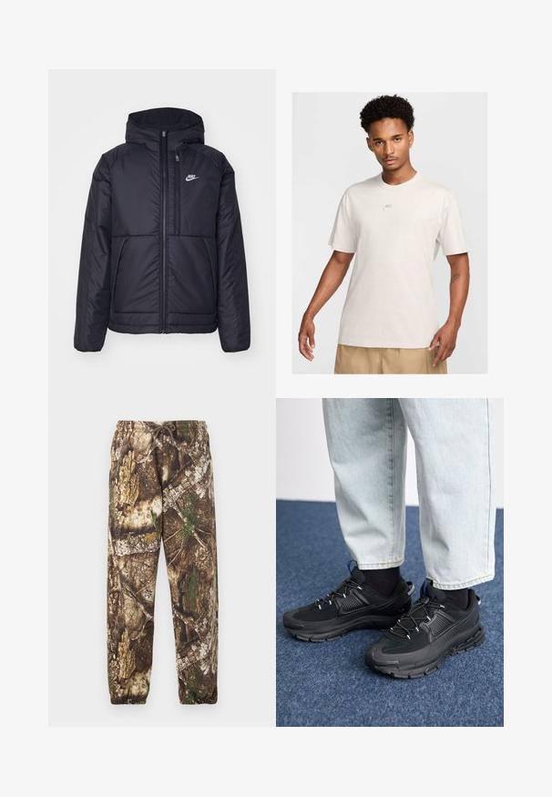 Zwarte, gewatteerde Nike-jas met een voorkant met ritssluiting en capuchon. Kenmerkt zich door een wit logo op de linkerborst en dubbele frontzakken. Gladde buitenkant.; Man met kort krullend haar draagt een beige Nike t-shirt en kaki shorts, kijkt recht vooruit tegen een eenvoudige lichte achtergrond.; Camo joggingsbroek met een bruin en groen natuurlijk patroon, voorzien van een elastische tailleband met een drawstring en elastische boorden bij de enkels.; Zwarte sportschoenen met gestructureerde stof en rubberen zolen, met elastische veters en een blauwe accent op de hiel. Draag samen met lichte spijkerbroeken.