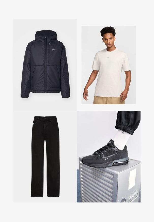 Czarna, pikowana kurtka Nike z przednim zamkiem błyskawicznym i kapturem. Posiada białe logo po lewej stronie klatki piersiowej oraz podwójne kieszenie z przodu. Gładka struktura zewnętrzna.; Mężczyzna z krótkimi kręconymi włosami ma na sobie beżową koszulkę Nike i khaki szorty, stoi przodem na tle jasnego, jednolitego tła.; Czarne dżinsy o prostym kroju nogawki, z przednimi kieszeniami, z zapięciem na guzik oraz subtelną łatą z logo na pasie.; Nike Sportswear PULSE czarny