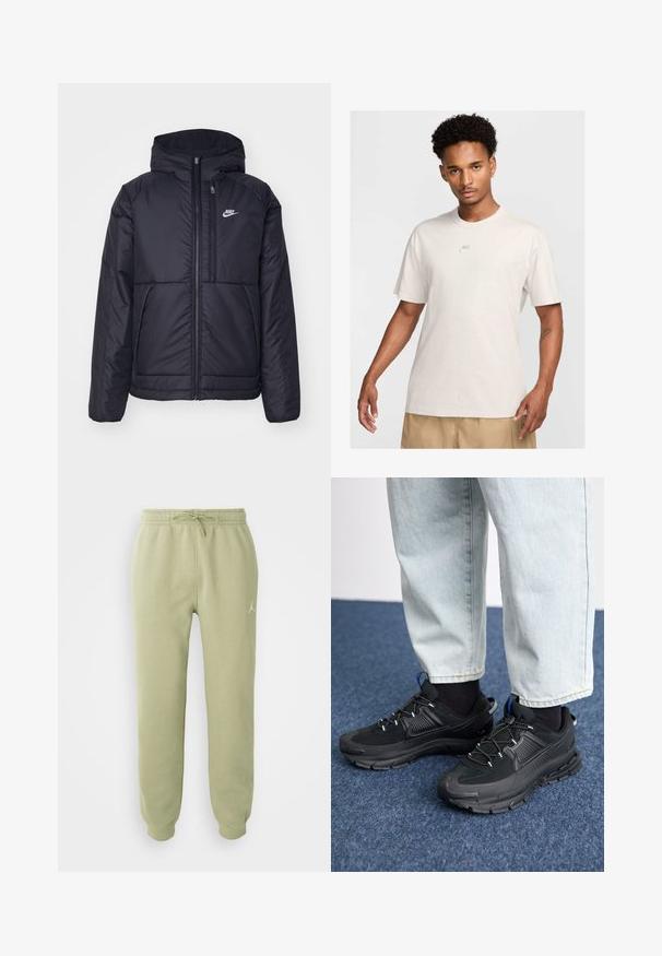 Black, padded Nike jacket with a front zipper and hood. Features a white logo on the left chest and dual front pockets. Smooth exterior texture.; Man with short curly hair wears beige Nike t-shirt and khaki shorts, facing forward against plain light background.; Light green jogger pants with elastic waistband, drawstring, cuffed ankles, and small Jumpman logo on the right thigh.; Black athletic shoes with textured fabric and rubber soles, featuring elastic laces and a blue accent on the heel. Worn with light denim pants.