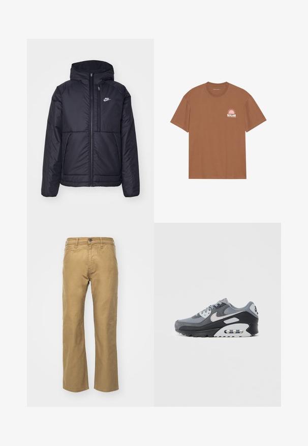 Svart, polstret Nike-jakke med frontglidelås og hette. Har en hvit logo på venstre bryst og doble frontlommer. Glatt ytterside.; Brun kortermet T-skjorte laget av bomull, med et rosa solgrafikk og "SOLAR" tekst på venstre bryst. Rund halsdesign.; Kakiknærbukser laget av bomull. Rett kutt med midjebånd og frontlommer. Har en enkelt baklomme og subtile sømdetaljer.; Grå joggesko med en blanding av mesh og semsket skinn, med svart såle og synlig luftpute. Merkbare lysegrå detaljer og lisser.