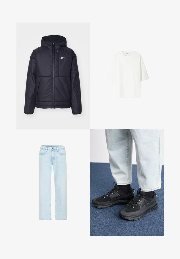 Črna, podložena Nike jakna z sprednjim zadrgo in kapuco. Ima bel logo na levem prsnem delu in dvojna sprednja žepa. Gladka zunanja tekstura.; Bela kratka majica s kratkimi rokavi, izdelana iz bombaža, z okroglo ovratnikom in sproščenim krojem ter ravnim robom.; Svijetloplave traperice imaju ravni kroj s klasičnom kopčom na dugme, pet džepova i suptilno izbljeđivanje za teksturu.; Črne športne čevlje z teksturirano tkanino in gumijastimi podplati, ki imajo elastične vezalke ter modre poudarke na peti. Nosi se z lahkimi denim hlačami.