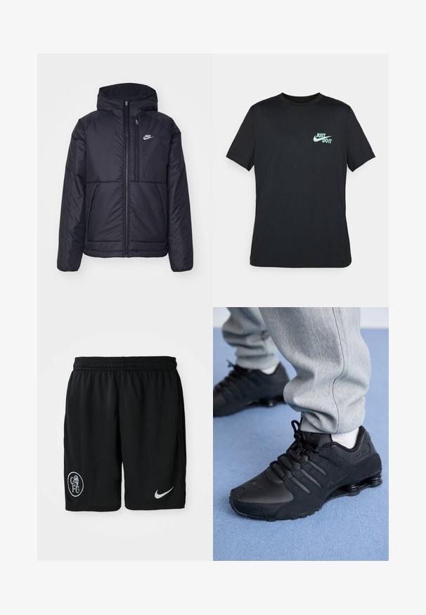 Schwarze, gepolsterte Nike-Jacke mit Frontreißverschluss und Kapuze. Hat ein weißes Logo auf der linken Brust und zwei Fronttaschen. Glattes äußeres Material.; Schwarzes Baumwoll-T-Shirt mit kurzen Ärmeln und Rundhalsausschnitt, mit einem hellblauen "Just Do It"-Logo auf der oberen linken Brust.; Schwarze Sportshorts aus leichtem Stoff, mit einem elastischen Bund, seitlichen Schlitzen, einem weißen Nike-Logo und einem runden CFC-Emblem.; Person in schwarzen Nike Shox Sneakers und grauen Jogginghosen, der auf einem hellblauen Teppich steht.