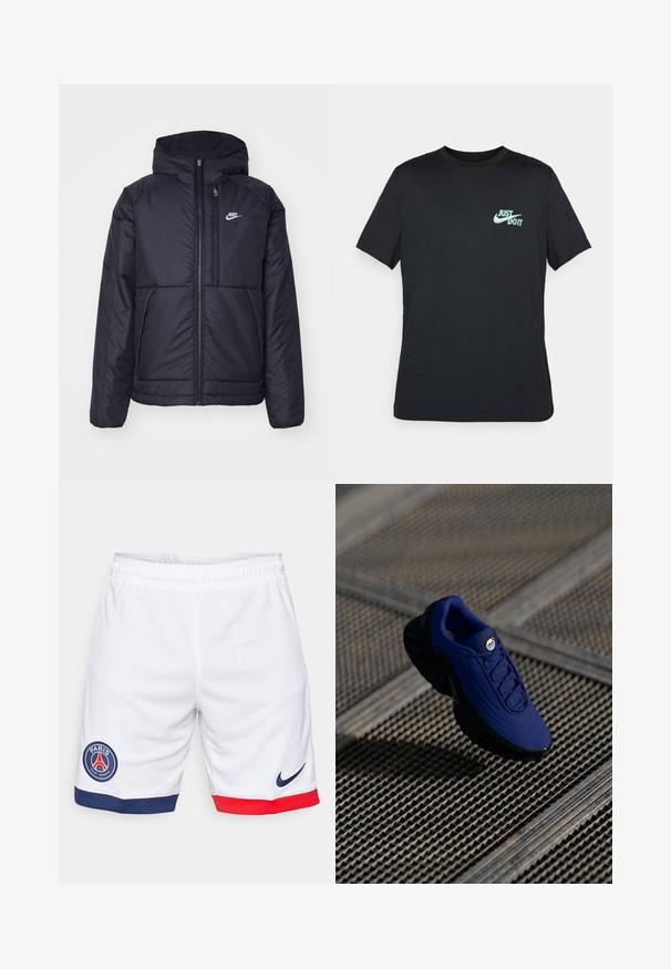 Black, padded Nike jacket with a front zipper and hood. Features a white logo on the left chest and dual front pockets. Smooth exterior texture.; Black cotton t-shirt with short sleeves and a crew neck, featuring a light blue "Just Do It" logo on the upper left chest.; White sports shorts made of lightweight fabric, featuring a blue and red trim at the hem and a circular Paris Saint-Germain logo. Nike logo in navy.; Blue athletic shoe with a textured upper, black sole, and laces. Features "air" branding on the tongue and visible air cushioning elements.