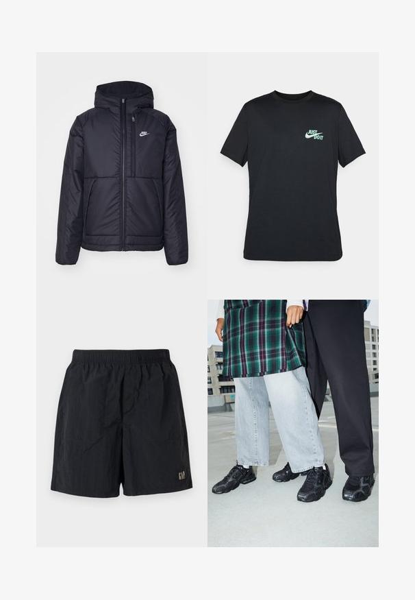 Schwarze, gepolsterte Nike-Jacke mit Frontreißverschluss und Kapuze. Hat ein weißes Logo auf der linken Brust und zwei Fronttaschen. Glattes äußeres Material.; Schwarzes Baumwoll-T-Shirt mit kurzen Ärmeln und Rundhalsausschnitt, mit einem hellblauen "Just Do It"-Logo auf der oberen linken Brust.; Schwarze Shorts mit elastischem Bund, mit einem Logopatch unten rechts, aus leichtem Stoff mit einer zerknitterten Textur.; Schwarze Sportschuhe mit Mesh- und Gummielementen. Kombiniert mit hellgrauen weiten Jeans und einem karierten grünen Oberteil. Flacher Hintergrund.