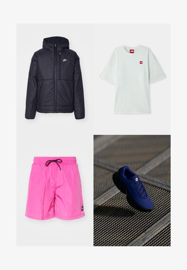 Čierna, polstrovaná bunda Nike so zipsom vpredu a kapucňou. Na ľavej strane hrude sa nachádza biele logo a sú tu dva predné vrecká. Hladký vonkajší povrch.; Svetlozelené tričko s krátkymi rukávmi vyrobené z mäkkého bavlneného materiálu, so malou červenou logovou nášivkou na ľavej strane hrude. Vo voľnom strihu a s okrúhlym výstrihom.; Ružové, ľahké plavky s elastickým pásom a čiernym šnúrkovým sťahovaním. Na ľavej nohavici sa nachádza malý štítok. Hladká textúra.; Modré športové topánky s textúrovaným zvrškom, čiernou podrážkou a šnúrkami. Obsahujú značku "air" na jazyku a viditeľné prvky vzduchového polstrovania.