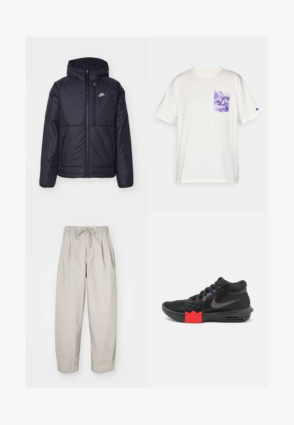 Crna Nike jakna s podstavom, dugmadi sprijeda i kapuljačom. Ima bijeli logotip na lijevoj strani prsnog koša i dva prednja džepa. Glatka vanjska tekstura.; Bijela pamučna majica s kratkim rukavima, s ljubičastim tie-dye džepom na prsima i malim ljubičastim logom na rukavu.; Bež hlače od laganog materijala s elastičnim pojasom i vezicom. Imaju nabore i širok kroj, izrađene od mekanog, glatkog materijala.; Crne atletske cipele s mrežastim gornjom dijelom, crvenim naglascima na srednjem dijelu potplata i vidljivom zračnom jedinicom. Imaju teksturirane bočne panele i vezice.