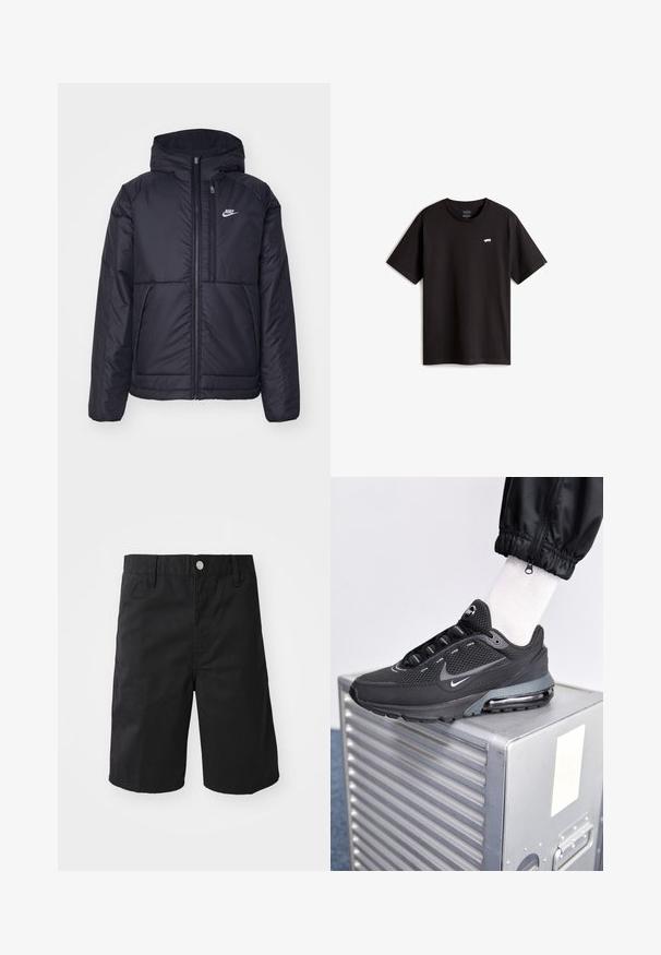 Chaqueta acolchada negra de Nike con cremallera frontal y capucha. Presenta un logo blanco en el lado izquierdo del pecho y dos bolsillos frontales. Textura exterior suave.; Camiseta de algodón negra con mangas cortas y cuello redondo. Presenta un pequeño logo de patineta blanca en el pecho. Diseño y corte sencillos.; Pantalones cortos de algodón negros con corte recto, presillas para cinturón, cierre de botón metálico y sin patrones ni acentos visibles.; Nike Sportswear PULSE - Zapatillas - black/anthracite