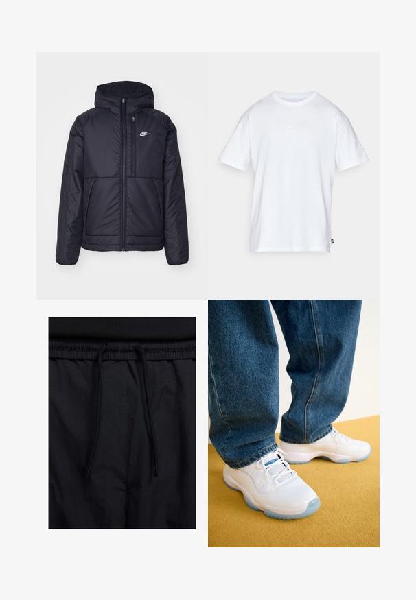 Fekete, párnázott Nike dzseki elülső cipzárral és kapucnival. A bal mellen fehér logó található, valamint két elülső zseb. Simának tűnő külső felület.; Fehér pamut póló, rövid ujjakkal és kerek nyakkivágással. Jellemzője egy kis, diszkrét Nike logó a mellkason és egy oldalsó címke.; Fekete rövidnadrág, húzózsinórral ellátott derékrésszel, könnyű anyagból, sima felszínen, egyszerű dizájnnal, látható logók vagy minták nélkül.; Jordan AIR JORDAN 11 RETRO - Magas szárú sneakerek - white/legend blue/black