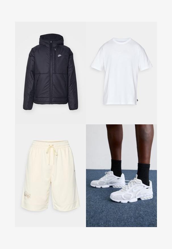 Casaco Nike preto, acolchoado, com fecho à frente e capuz. Apresenta um logo branco no lado esquerdo do peito e dois bolsos frontais. Textura exterior lisa.; T-shirt de algodão branco com mangas curtas e decote redondo. Apresenta um pequeno e discreto logótipo da Nike no peito e uma etiqueta lateral.; Calções desportivos de cor creme com cintura elástica e cordão. Apresentam um tecido texturizado e o logótipo bordado "Los Angeles Lakers".; Tênis atléticos brancos com parte superior em malha, detalhes texturizados e sola acolchoada. Combinados com meias cano alto pretas com nervuras sobre uma superfície de carpete azul.