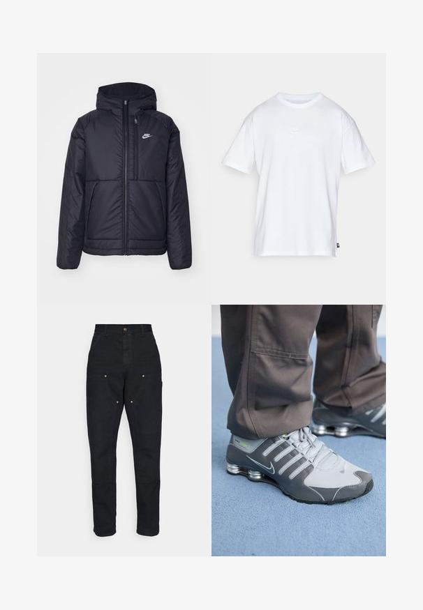 Čierna, polstrovaná bunda Nike so zipsom vpredu a kapucňou. Na ľavej strane hrude sa nachádza biele logo a sú tu dva predné vrecká. Hladký vonkajší povrch.; Biela bavlnená tričko s krátkymi rukávmi a okrúhlym výstrihom. Obsahuje malé, jemné logo Nike na hrudi a božnú nálepku.; Carhartt WIP DOUBLE KNEE PANT - Nohavice - black aged canvas; Šedé a strieborné tenisky Nike Shox majú elegantný dizajn, kombináciu sieťoviny a syntetických materiálov, zaoblenú špičku a polstrovaný golier.