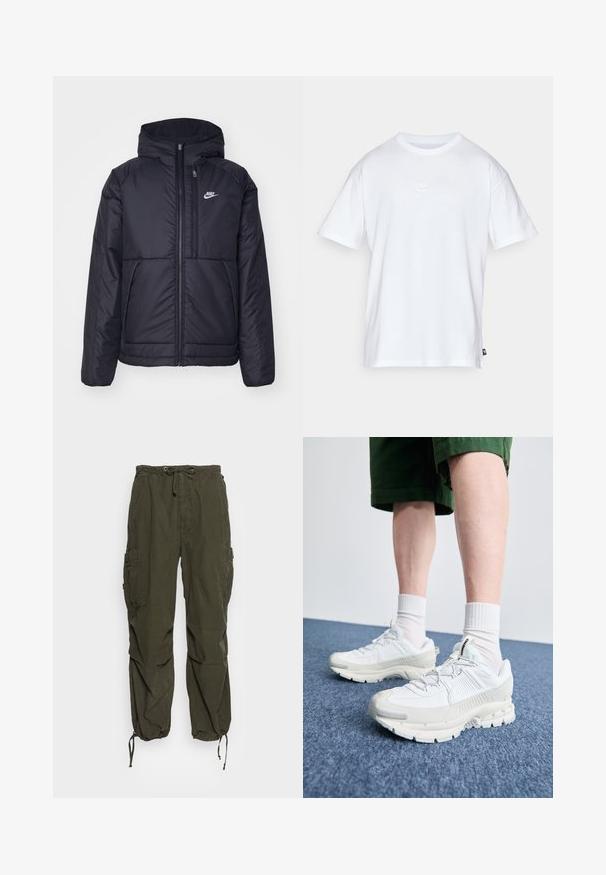Casaco Nike preto, acolchoado, com fecho à frente e capuz. Apresenta um logo branco no lado esquerdo do peito e dois bolsos frontais. Textura exterior lisa.; T-shirt de algodão branco com mangas curtas e decote redondo. Apresenta um pequeno e discreto logótipo da Nike no peito e uma etiqueta lateral.; Calças cargo em verde oliva, com cintura elástica e cordão, vários bolsos e punhos ajustáveis para um ajuste afunilado.; Sapatos atléticos brancos com sobreposições texturizadas, sola espessa e detalhes em cinza. Usados com meias brancas até ao tornozelo e calções verdes sobre uma superfície azul.