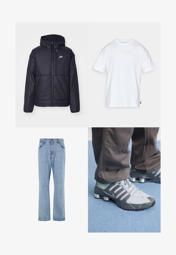 Melna, pufota Nike jaka ar priekšējo rāvējslēdzēju un kapuci. Iezīmēta ar baltu logotipu uz kreisās krūtis un divām priekšējām kabatām. Gluda ārējā tekstūra.; Balts kokvilnas T-krekls ar īsām piedurknēm un apaļu kakla izgriezumu. Uz krūtīm ir maza, diskrēta Nike logo un sānu birka.; Gai zila džinsu bikses ar taisno kāju dizainu, piecu kabatu stilu, pogu aizdari un vieglu izbalējušu tekstūru visā virsmā.; Pelēki un sudraba Nike Shox sporta apavi izceļas ar elegantu dizainu, izmantojot acu un sintētiskos materiālus, apaļu purngalu un mīkstinātu apkakli.