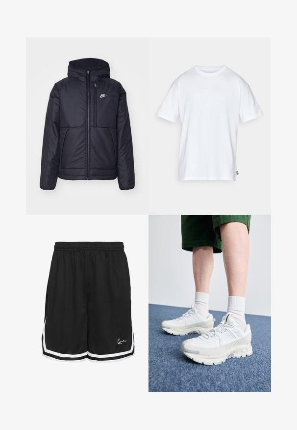 Zwarte, gewatteerde Nike-jas met een voorkant met ritssluiting en capuchon. Kenmerkt zich door een wit logo op de linkerborst en dubbele frontzakken. Gladde buitenkant.; Witte katoenen t-shirt met korte mouwen en een ronde hals. Heeft een klein, subtiel Nike-logo op de borst en een zijlabel.; Zwarte sportshorts met een elastische tailleband, voorzien van witte zijstrepen en een logo aan de onderkant van de rechter voorkant. Lichtjes gestructureerde stof.; Witte sportieve schoenen met textuuroverlays, een dikke zool en grijze accenten. Draag ze met witte crew-sokken en groene shorts op een blauwe ondergrond.