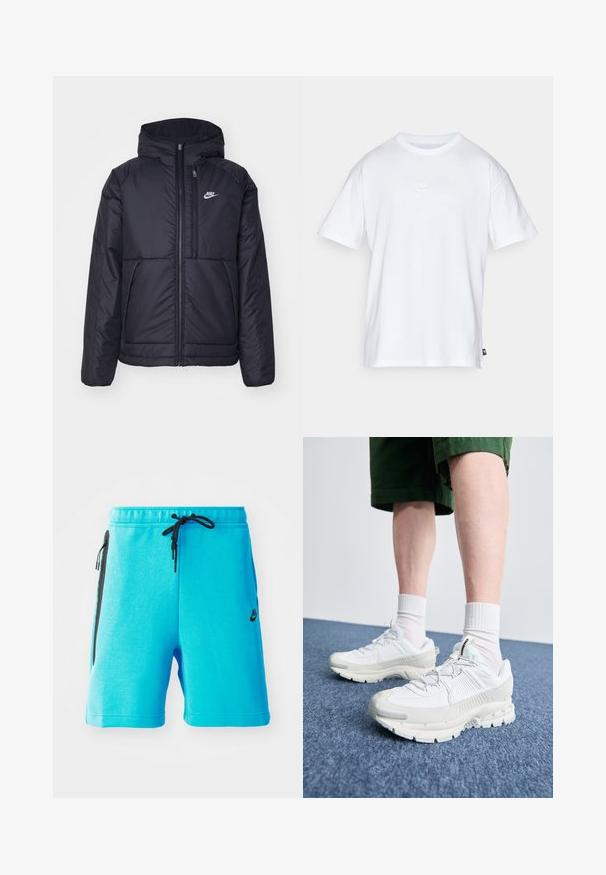 Melna, pufota Nike jaka ar priekšējo rāvējslēdzēju un kapuci. Iezīmēta ar baltu logotipu uz kreisās krūtis un divām priekšējām kabatām. Gluda ārējā tekstūra.; Balts kokvilnas T-krekls ar īsām piedurknēm un apaļu kakla izgriezumu. Uz krūtīm ir maza, diskrēta Nike logo un sānu birka.; Nike zili īsie šorti, kas izgatavoti no mīkstas auduma, ar regulējamu jostu, sānu kabatām ar melniem akcentiem un mazu melnu logotipu.; Baltas sporta apavi ar teksturētām detaļām, masīvu zoli un pelēkiem akcentiem. Valkāti ar baltiem zeķu pēdu apģērbiem un zaļām šortiem uz zilas virsmas.