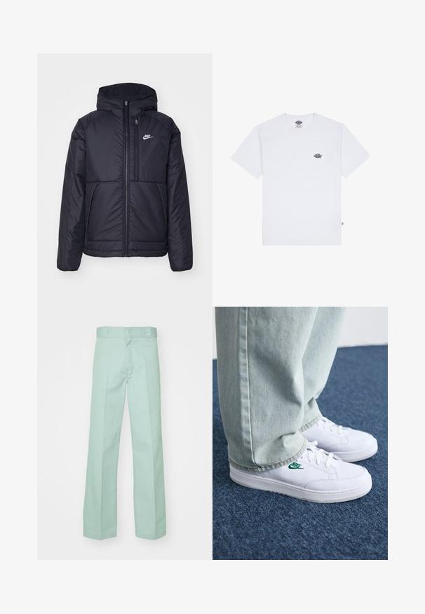 Must musta Nike jope, millel on ees lukuga avamine ja kapuuts. Vasakpoolne rind on kaunistatud valge logoga ning ees on kaks taskut. Sile välimine tekstuur.; Valge puuvillane t-särk lühikeste varrukatega, millel on rinna peal väike must logo ja sildi taga vasakus nurgas.; Heledad rohelised puuvillased püksid sirge jala disainiga, millel on sile tekstuur ja tavaline vöökoht koos nööpide lohkudega.; Valged nahast tennisetossud rohelise Nike logo ja ümarate varvastega, lamedate taldadega, koos helesiniste teksapükstega, esitatud sinisel vaibal.